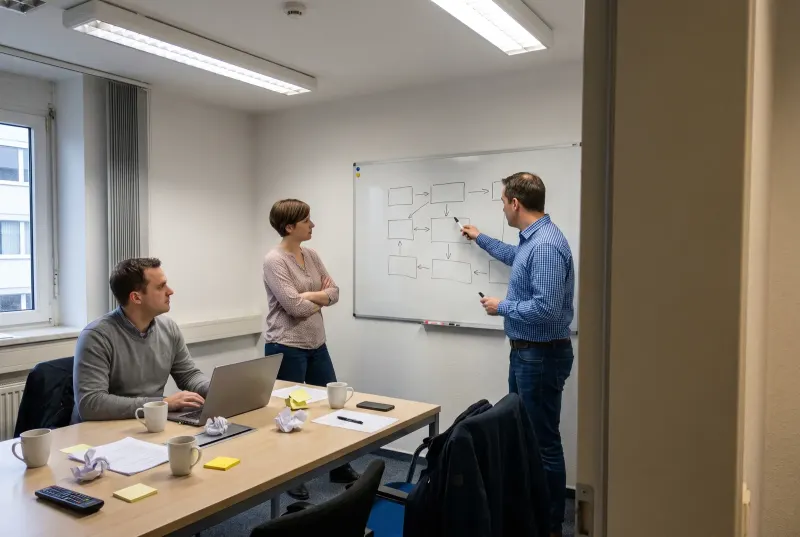 Zwei Männer und eine Frau stehen in einem Büro vor einem Whiteboard, auf dem Kästchen mit Pfeilen skizziert sind, einer zeigt mit dem Stift auf eine Stelle