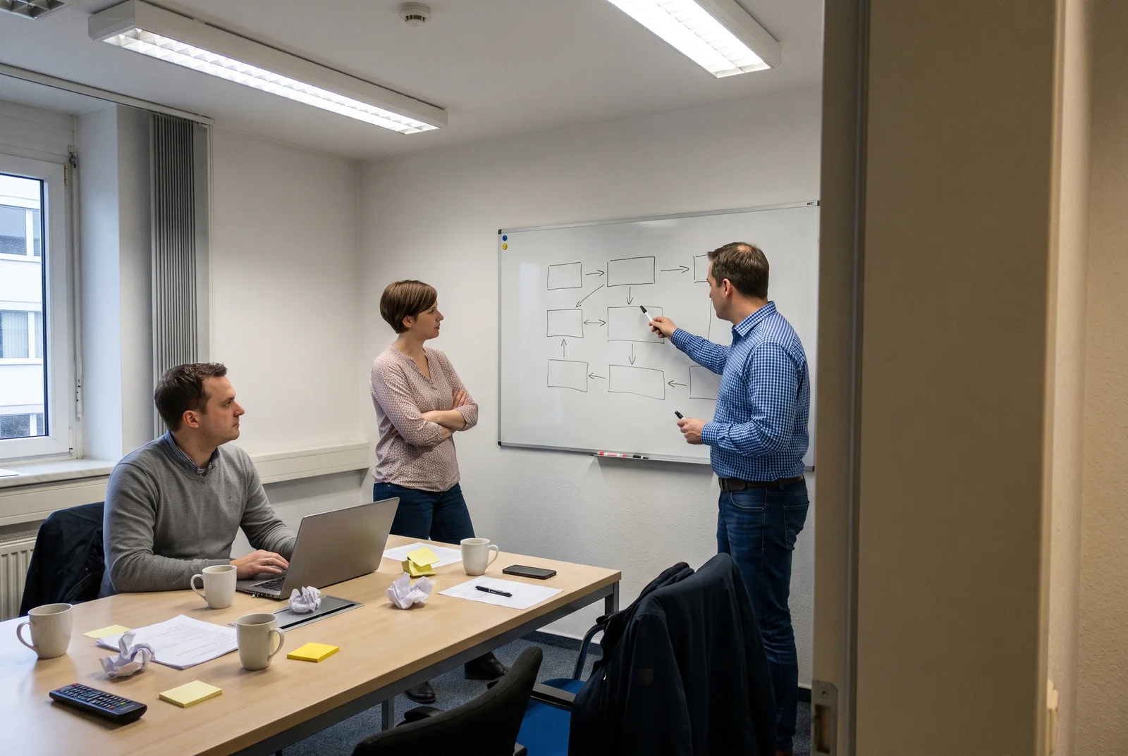Zwei Männer und eine Frau stehen in einem Büro vor einem Whiteboard, auf dem Kästchen mit Pfeilen skizziert sind, einer zeigt mit dem Stift auf eine Stelle
