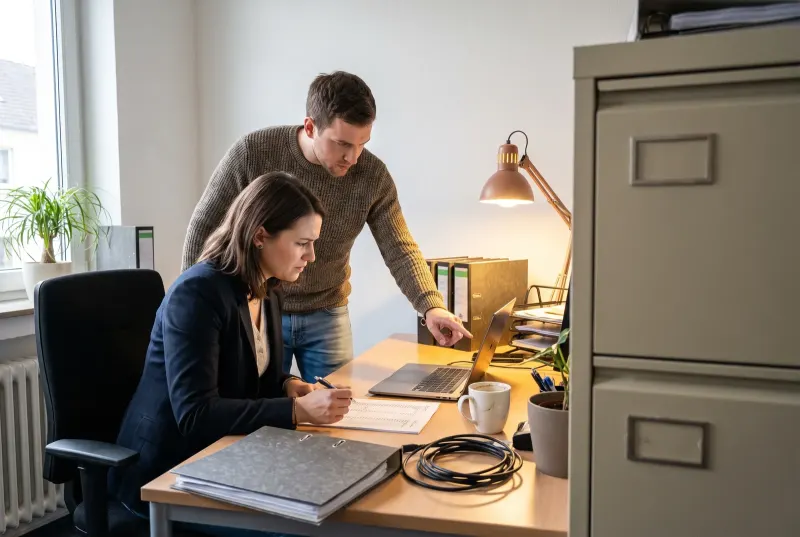 Vertriebsmitarbeiterin im Büro prüft am Schreibtisch einen Ausdruck einer Adressliste, neben ihr ein Kollege mit Laptop, auf dem Tisch Ordner und Kaffeebecher