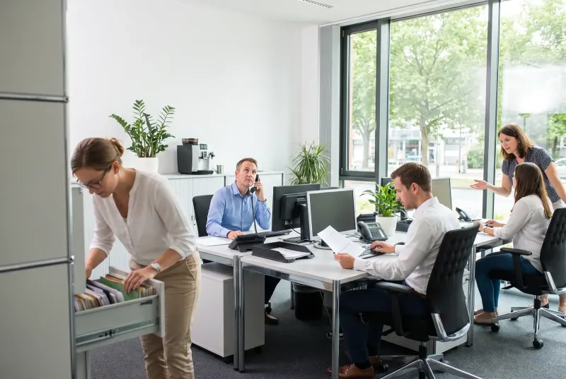 Vier Verkäufer im Büro, einer sucht im Aktenschrank, einer hängt in der Warteschleife, einer tippt von einem Ausdruck ab, einer fragt am Nebentisch nach, niemand im Kundengespräch