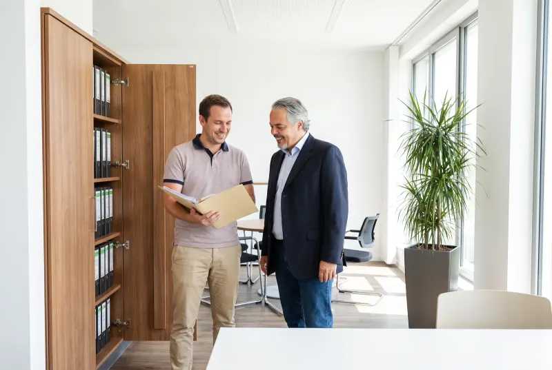 Alvaro Moreno steht mit dem Inhaber vor einem offenen Aktenschrank, der Inhaber haelt einen herausgezogenen Ordner in der Hand