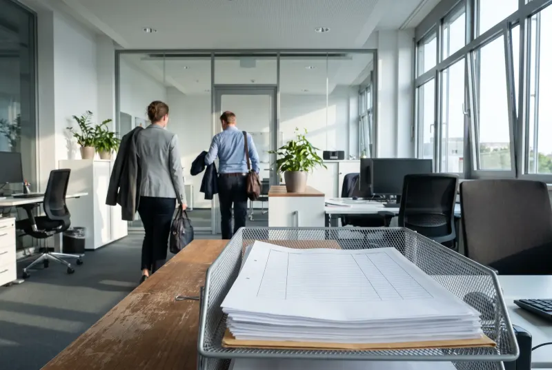 Eine ausgedruckte Anfrage liegt unbeachtet im Ablagekorb, im Hintergrund verlassen zwei Kollegen das Büro