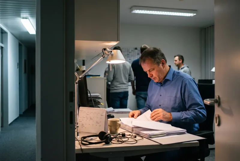 Ein Verkäufer sitzt abends am Schreibtisch und blättert in einem Stapel ausgedruckter Anfragen, neben ihm ein Kalender mit handschriftlichen Einträgen