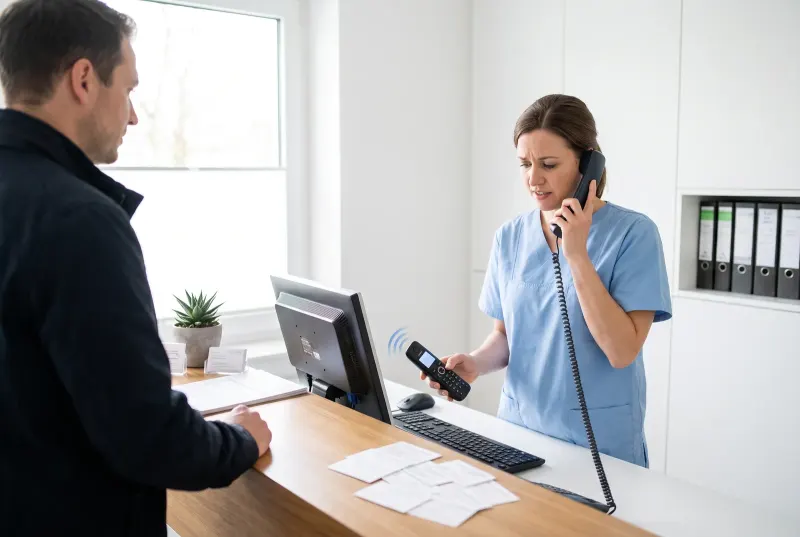Eine Mitarbeiterin an der Anmeldung einer Zahnarztpraxis hält den Hörer ans Ohr, während ein zweites Telefon neben ihr klingelt und ein Patient am Tresen wartet
