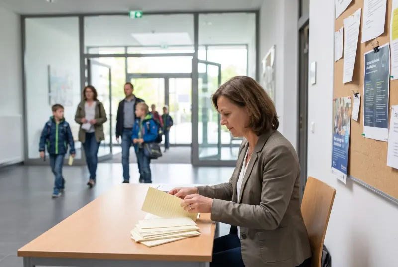 Am Ende eines Tages der offenen Tür sortiert eine Mitarbeiterin am Empfangstisch einen Stapel handschriftlicher Anmeldungen