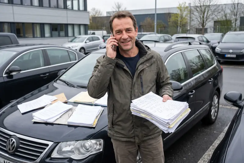 Ein Aussendienstler steht telefonierend vor seinem Auto, einen dicken Stapel handschriftlicher Notizzettel in der Hand, weitere liegen auf der Motorhaube