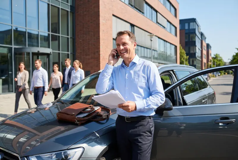Ein Außendienstler steht telefonierend vor seinem Auto, einen Stapel handschriftlicher Notizen in der Hand, die Tasche auf der Motorhaube