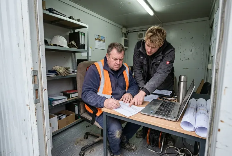 Inhaber eines Gerüstbaubetriebs in Warnweste streicht im Baucontainer Zeilen auf einer ausgedruckten Liste, ein junger Kollege zeigt auf eine Zeile