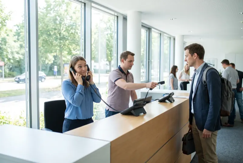 Am Empfang leuchten beide Telefone gleichzeitig, eine Kollegin nimmt das zweite ab, ein Besucher wartet geduldig
