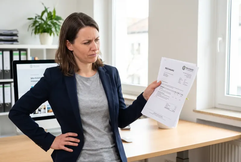 Eine Unternehmerin in ihrem Büro sieht sich die Rechnung für ihre Webseite an