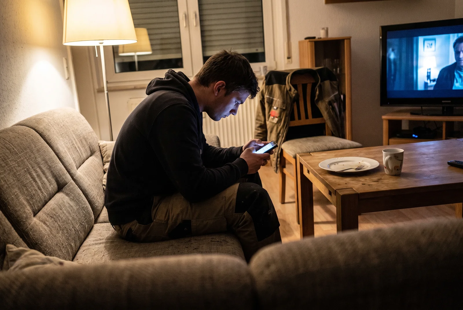 Ein junger Handwerker sitzt abends auf dem Sofa und tippt auf seinem Smartphone eine kurze Nachricht, im Hintergrund ein Fernseher und eine Jacke über dem Stuhl