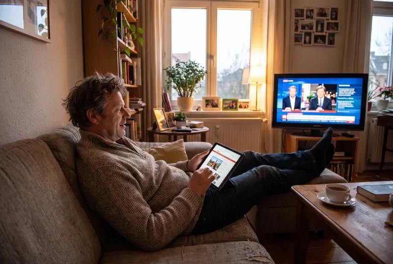 Ein Mann sitzt abends mit dem Tablet auf dem Sofa und sucht nebenbei nach einem Anbieter