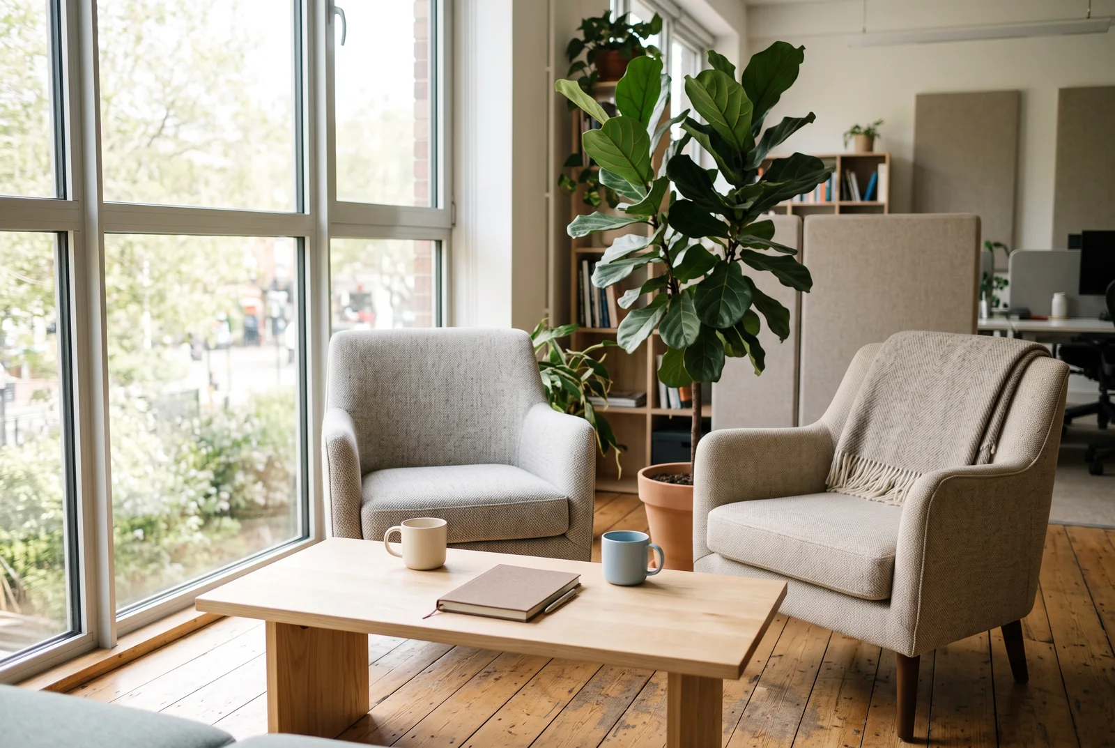 Ruhige Gesprächsecke im Büro mit zwei Sesseln am Fenster, zwei Tassen auf dem Tisch, viel Tageslicht