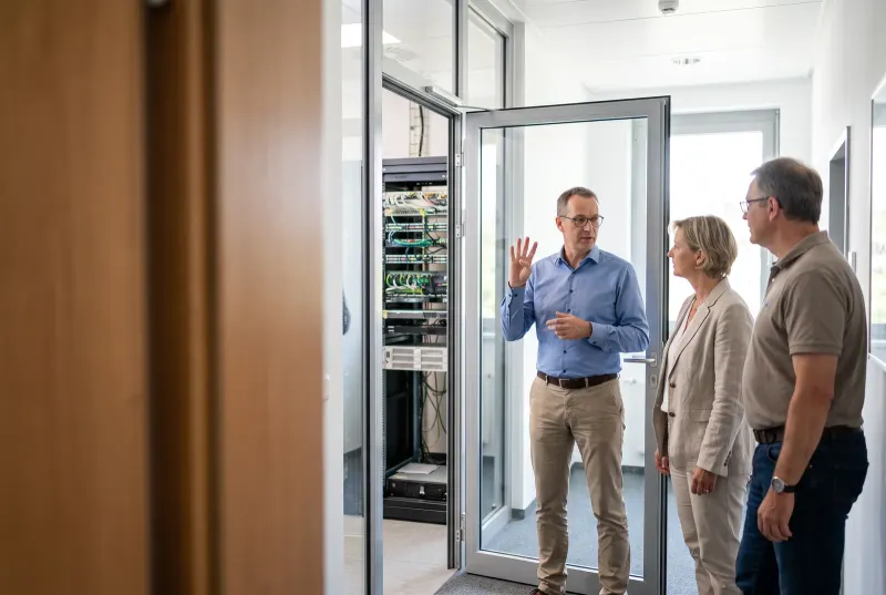 Geschäftsführer, IT-Dienstleister und eine Mitarbeiterin stehen vor dem Serverraum, der Dienstleister hält drei Finger hoch