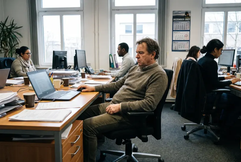 Ein Mann sitzt am Schreibtisch und sieht stirnrunzelnd auf den Bildschirm, auf dem keine Antworten ankommen