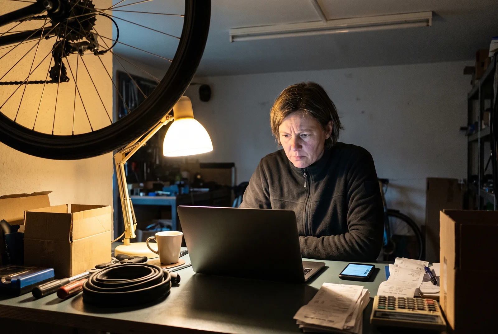 Inhaberin eines Fahrradladens sitzt abends im Hinterzimmer am Laptop, neben ihr Kassenbons und ein Smartphone, im Hintergrund hängen Fahrräder