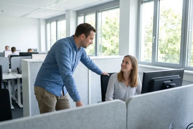 Ein Mitarbeiter lehnt sich über eine niedrige Trennwand, um einer Kollegin eine kurze Frage zu stellen