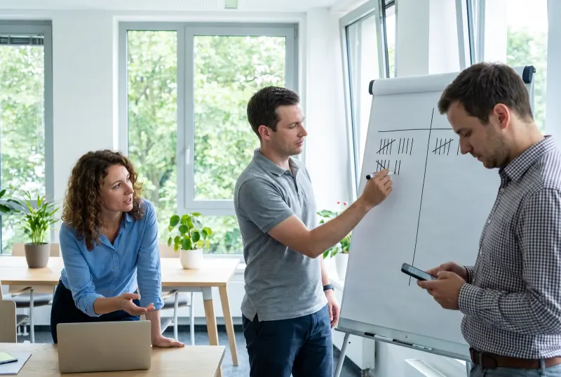 Drei Kollegen probieren Suchfragen durch und tragen das Ergebnis als Strich in eine von zwei Spalten auf dem Flipchart ein