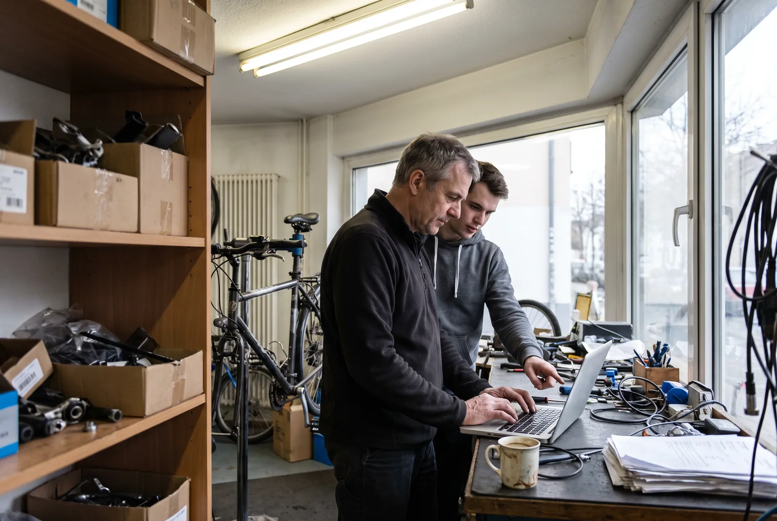 Inhaber eines Fahrradladens und ein Mitarbeiter sehen in der Werkstatt auf einen Laptop
