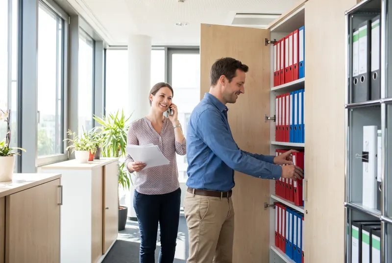 Ein Verkäufer greift im hellen Büro nach einem von mehreren gleichen Ordnern, eine Kollegin wartet mit dem Hörer am Ohr