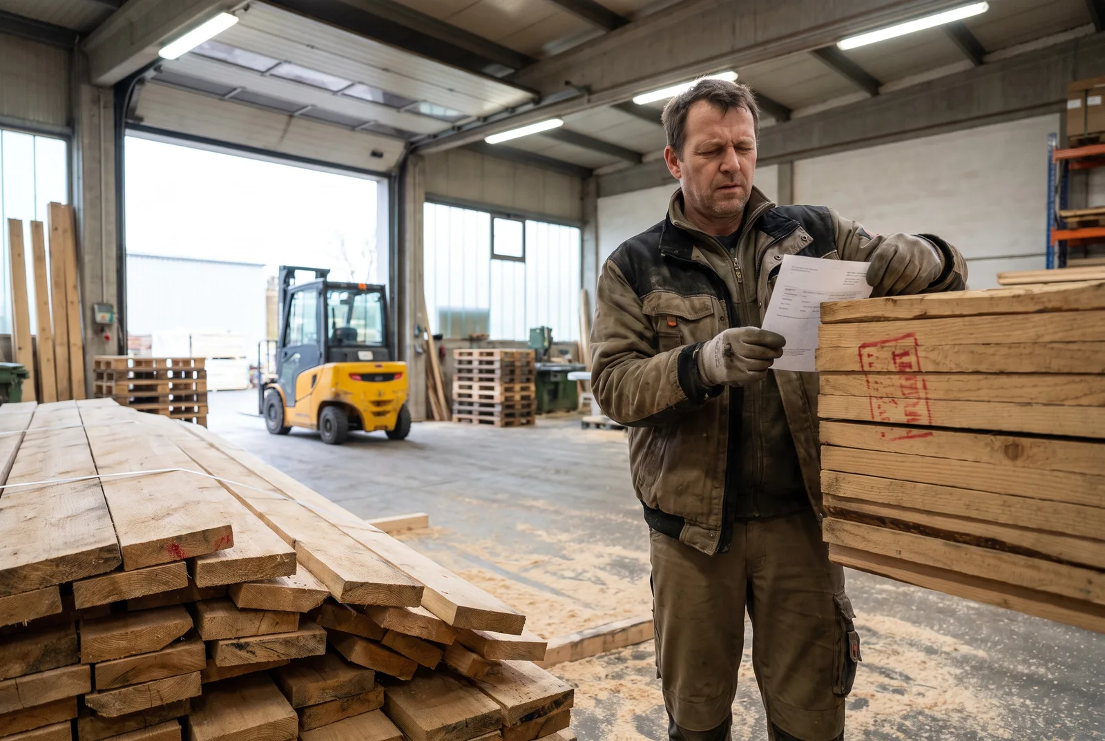 Ein Tischlermeister steht im Holzlager und vergleicht einen Lieferschein mit dem Stempel auf einem Stapel Bretter, im Hintergrund ein Gabelstapler