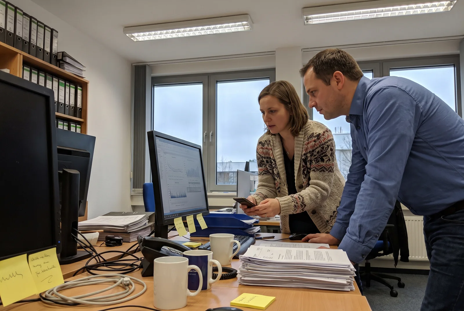 Marketingleiterin vergleicht im Büro den Auswertungsbericht auf dem Monitor mit den Zahlen auf einem iPhone, ein Kollege schaut dazu