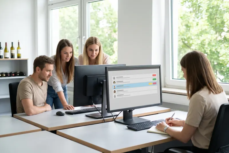 Eine Marketingmitarbeiterin und ein Vertriebler sehen gemeinsam auf eine Kundenakte am Bildschirm, eine Kollegin notiert