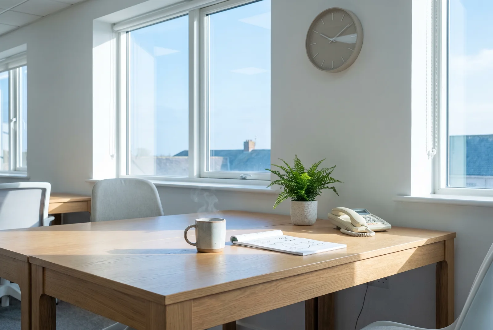 Heller Schreibtisch am Morgen mit Wanduhr, Telefon, Notizblock und einer Tasse Tee am Fenster