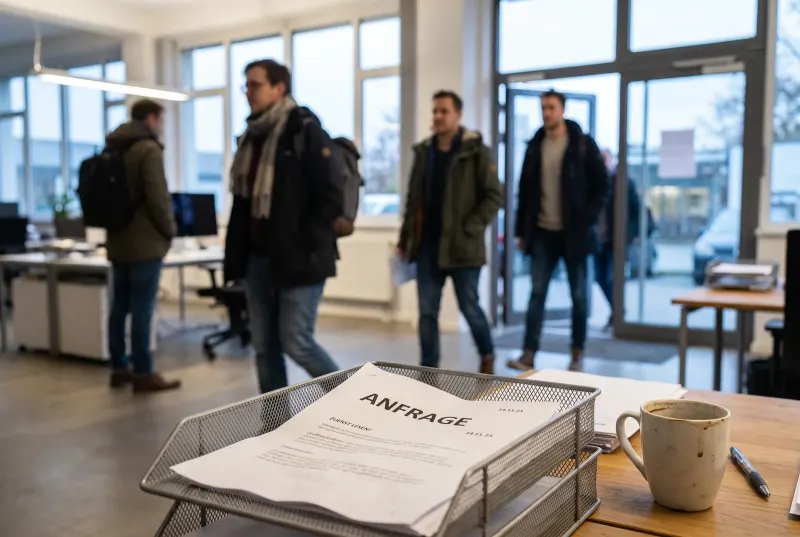 Eine ausgedruckte Anfrage liegt unbeachtet im Ablagekorb, im Hintergrund verlassen die Kolleginnen und Kollegen das Büro