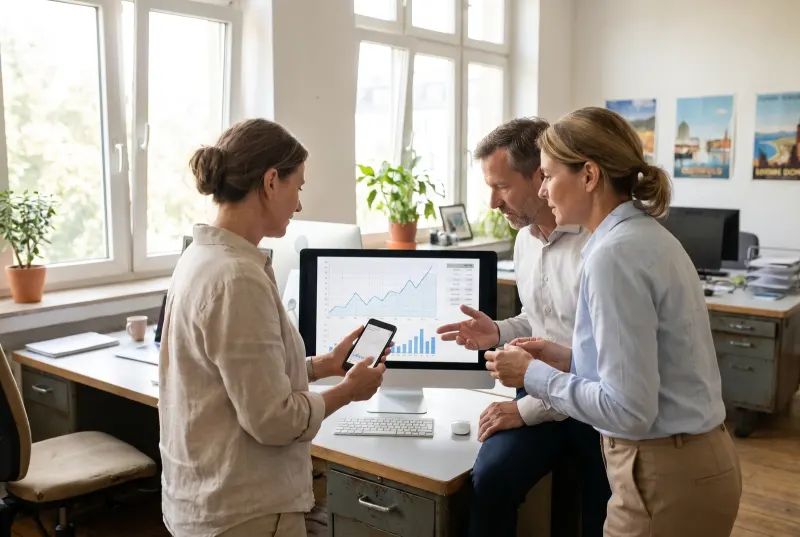 Eine Marketingleiterin hält ihr Telefon neben den Monitor mit der Auswertung, zwei Kollegen vergleichen beide Zahlen