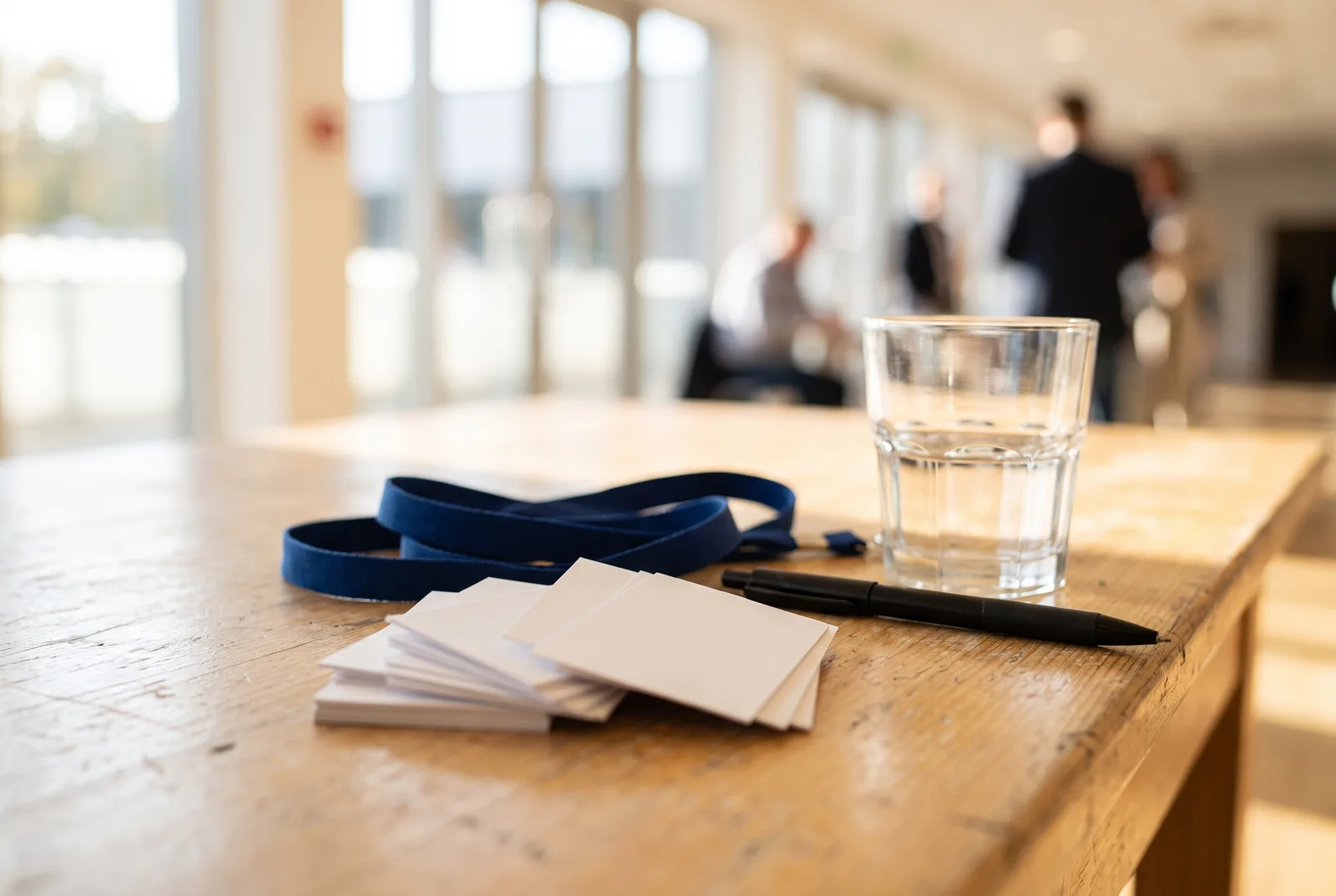 Stapel leerer Visitenkarten und ein Namensband auf einem hellen Tisch nach einer Veranstaltung