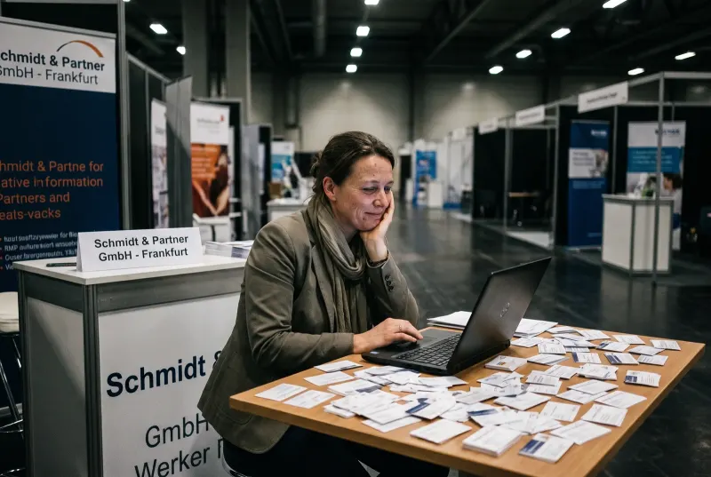 Eine Frau sitzt abends allein am Messestand und traegt hunderte vor ihr ausgebreitete Visitenkarten in den Laptop ein