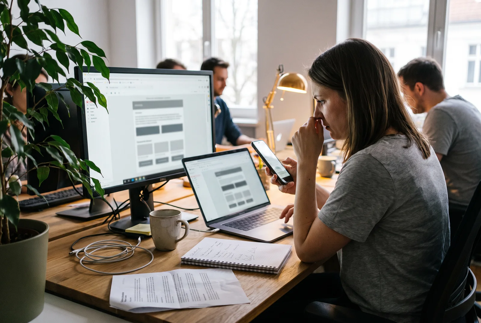 Eine Marketingmitarbeiterin vergleicht am Schreibtisch denselben Newsletter auf einem Monitor, einem Laptop und einem Smartphone