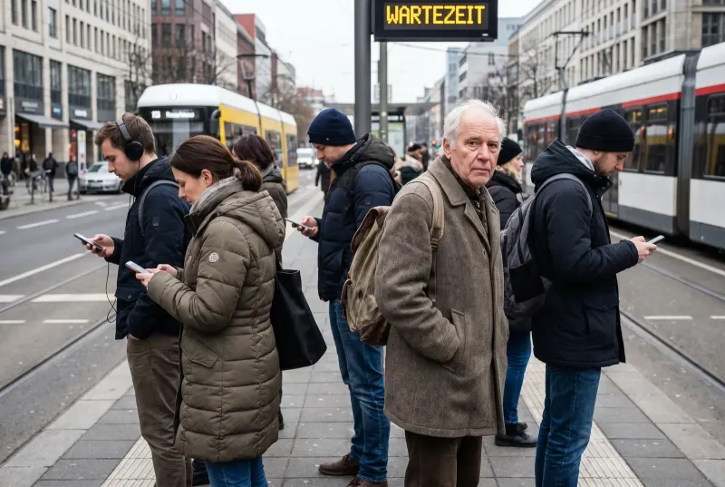 Menschen warten an einer Fußgängerampel, die meisten sehen auf ihr Telefon, einer schaut nach vorn