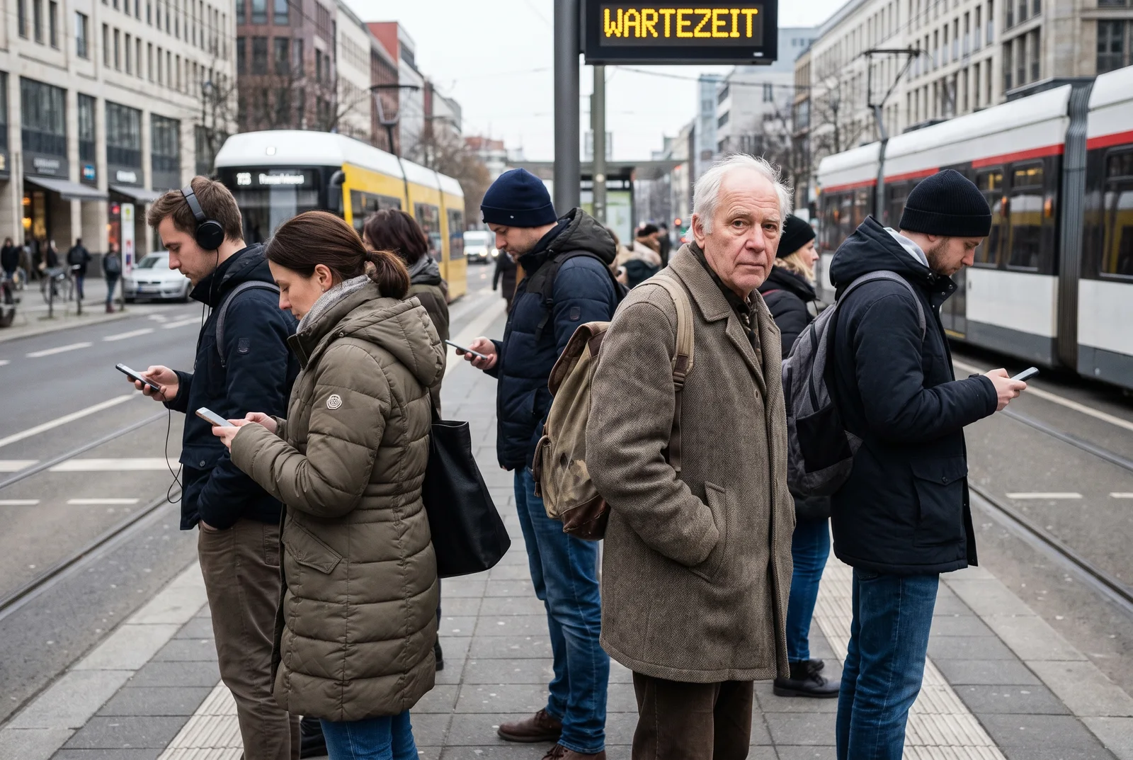 Menschen warten an einer Fußgängerampel, die meisten sehen auf ihr Telefon, einer schaut nach vorn