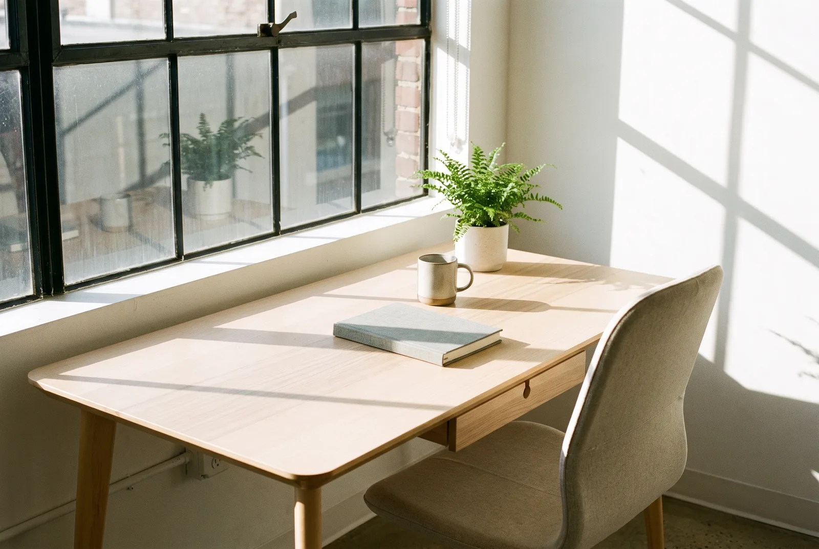Frisch hergerichteter Arbeitsplatz am Fenster mit Notizbuch, Pflanze und Tasse im Morgenlicht