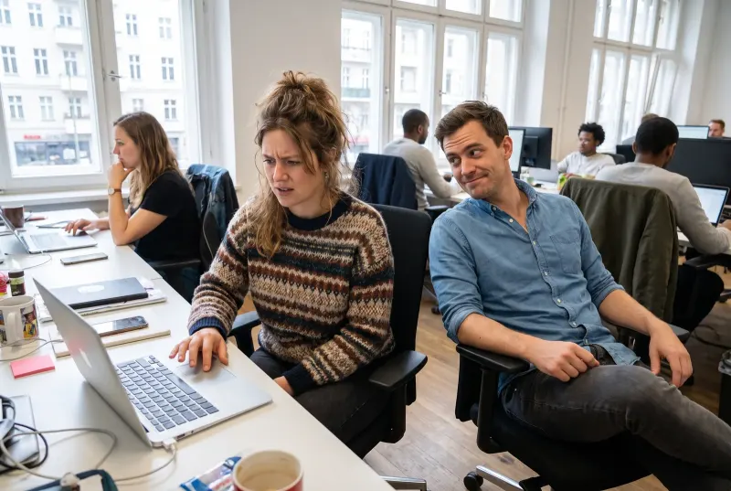 Eine Frau zögert mit der Hand über dem Trackpad, eine Kollegin daneben zieht die Augenbraue hoch