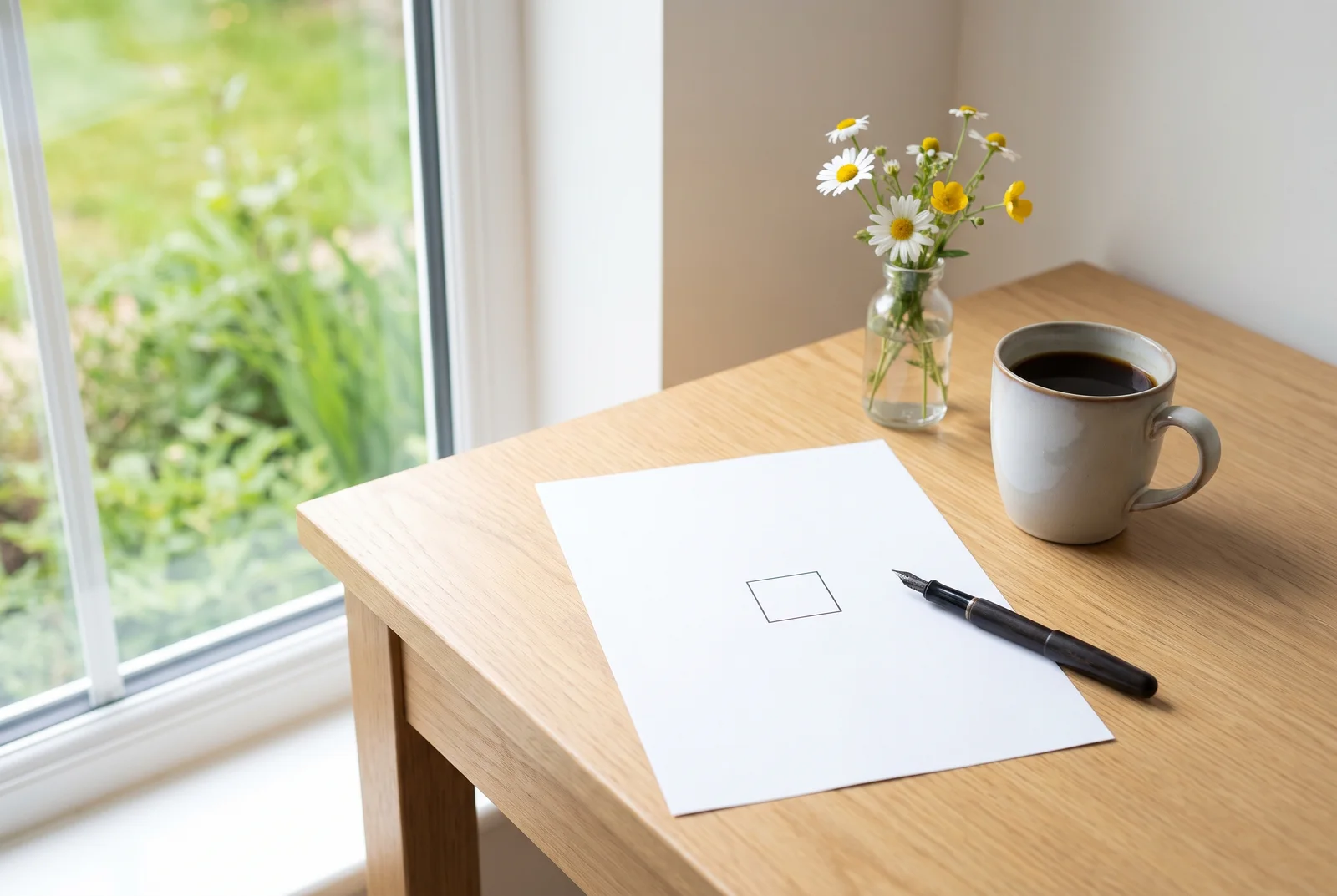 Heller Schreibtisch am Vormittag mit einem Anmeldeformular auf Papier, einem Stift und einer Tasse Kaffee