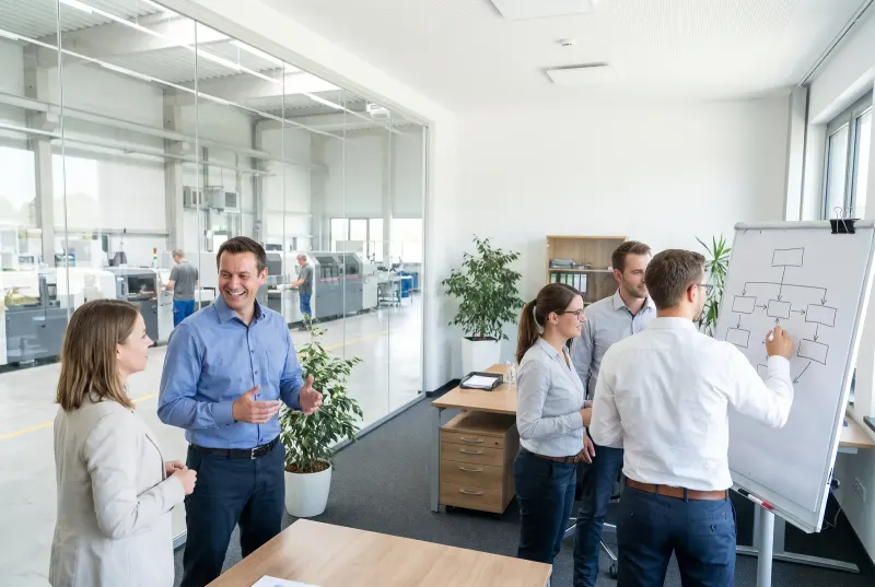 Links spricht ein Verkäufer lebhaft mit einem Kunden, rechts zeichnen drei Kollegen am Whiteboard die Schritte eines Ablaufs auf, beides in einem Raum