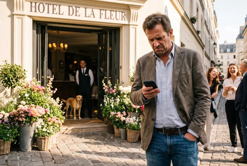Ein Mann steht vor dem Eingang eines kleinen Hotels und sucht auf seinem Telefon danach, waehrend der Wirt in der Tuer wartet