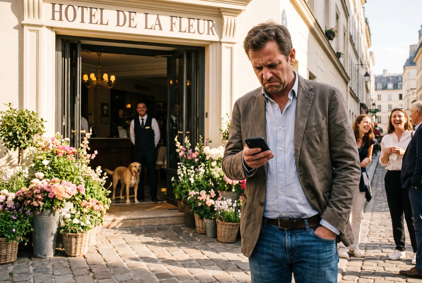 Ein Mann steht vor dem Eingang eines kleinen Hotels und sucht auf seinem Telefon danach, waehrend der Wirt in der Tuer wartet
