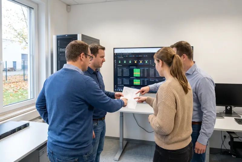 Ein IT-Dienstleister und drei Mitarbeiter gehen am großen Bildschirm die Liste der verbundenen Programme durch und haken sie auf dem Ausdruck ab