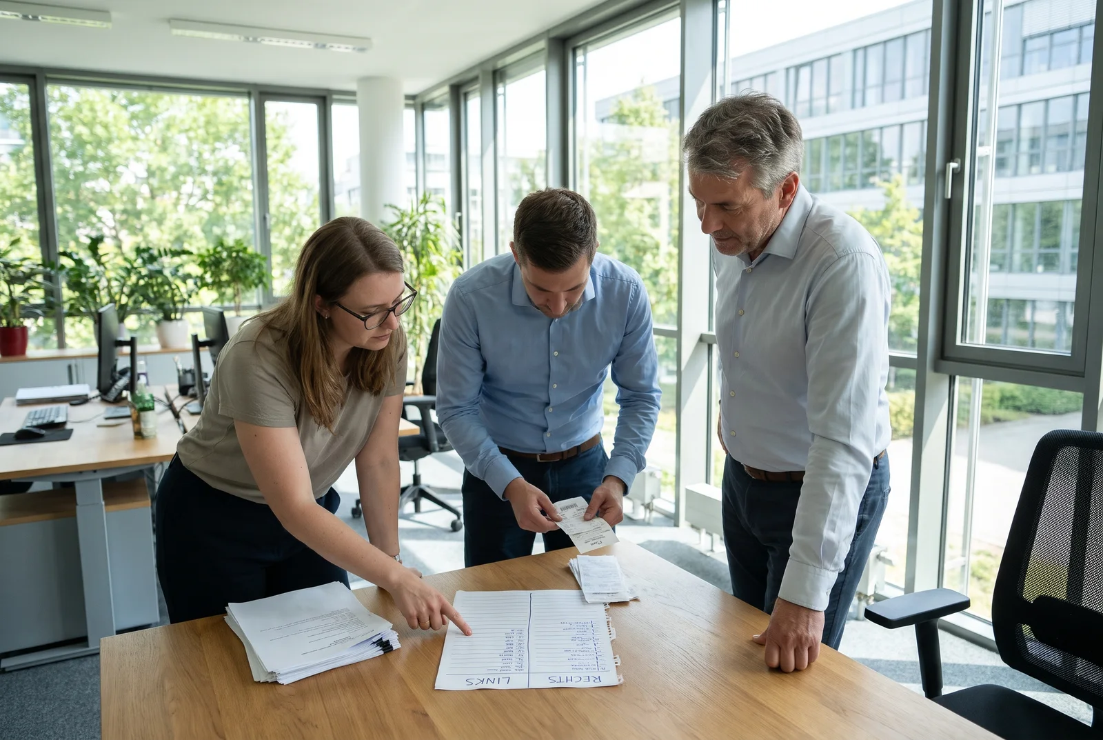 Drei Kollegen sortieren die Posten einer Rechnung in zwei mit dem Stift gezogene Spalten, die linke lang, die rechte fast leer