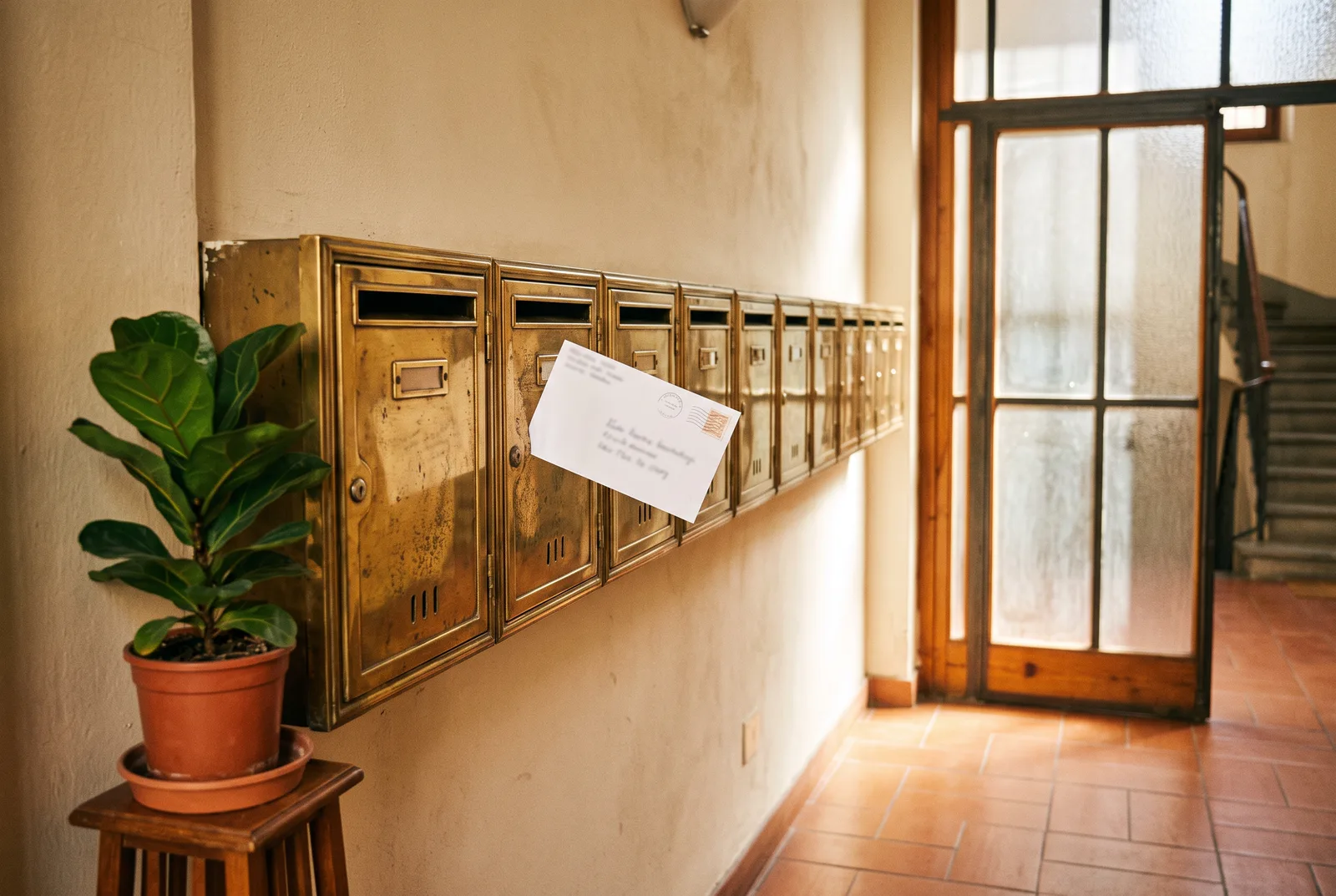 Reihe von Briefkästen in einem sonnigen Hausflur, aus einem schaut ein Brief heraus