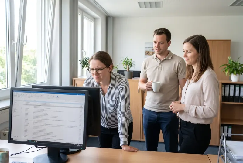 Eine Mitarbeiterin sieht skeptisch auf ein volles Sammelpostfach am Bildschirm, zwei Kollegen stehen daneben