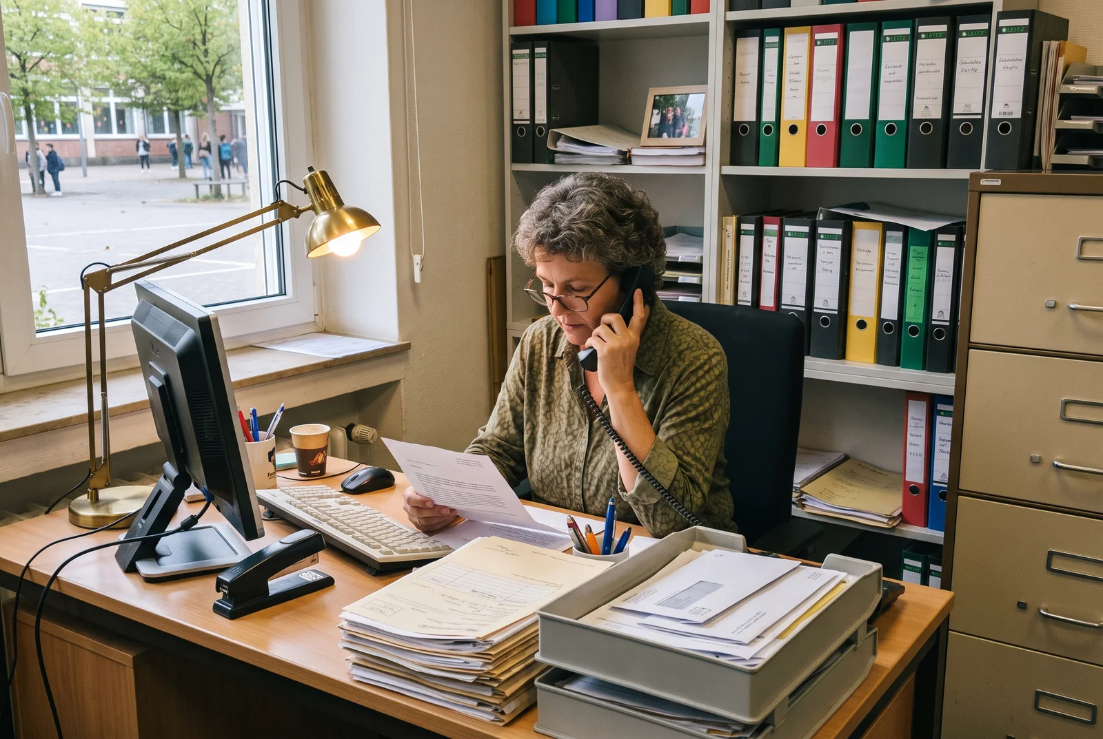 Eine Sekretärin an einem Schreibtisch im Schulsekretariat hält einen ausgedruckten Brief und telefoniert, im Hintergrund ein Regal mit Ordnern und ein Fenster zum Schulhof