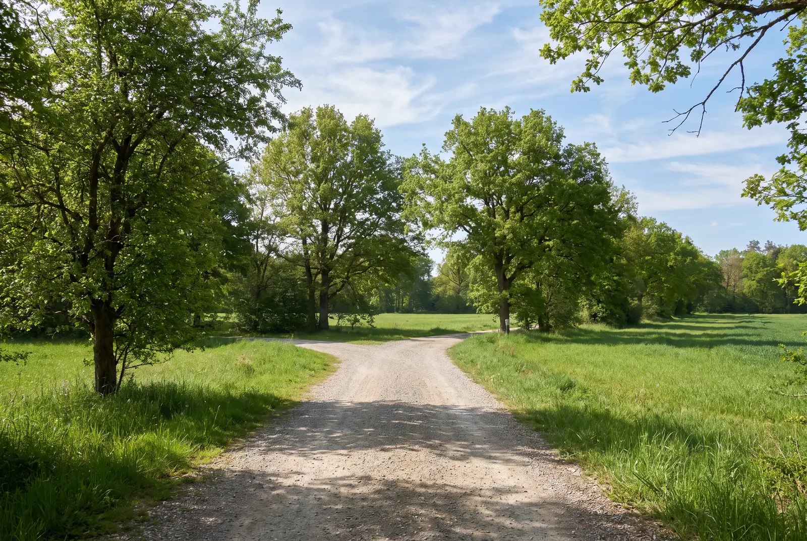 Ein sonniger Feldweg, der sich gabelt, mit Bäumen an beiden Seiten, heller Vormittag
