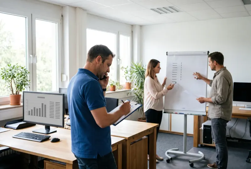 Ein Verkäufer fragt am Telefon nach, woher der Anrufer kommt, zwei Kollegen ziehen die Strichliste am Flipchart nach, daneben der Bericht am Bildschirm