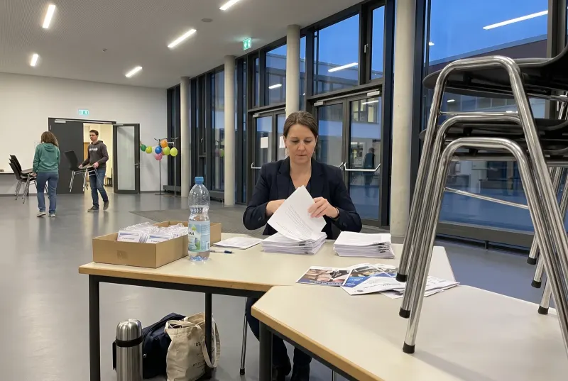 Am Ende eines Tages der offenen Tür sitzt eine Mitarbeiterin am Empfangstisch in der Schulaula und sortiert ausgefüllte Anfragebögen, im Hintergrund räumen Kollegen Stühle weg