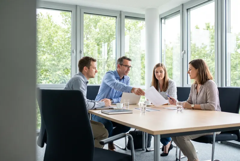 Drei Verkäufer und eine Marketingmitarbeiterin sitzen im hellen Besprechungsraum um einen Tisch, einer schiebt ihr eine ausgedruckte Adressliste zu